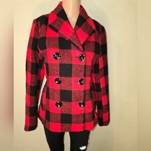 Rampage Carrie Classic Small Double Breast Red & Black Plaid Peacoat Jacket